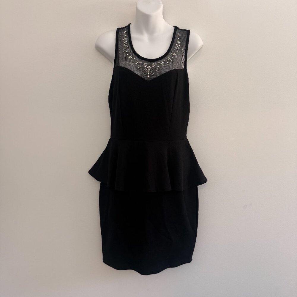Black Iridescent Rhinestone Mesh Peplum Dress | Size L/G - Picture 3 of 8